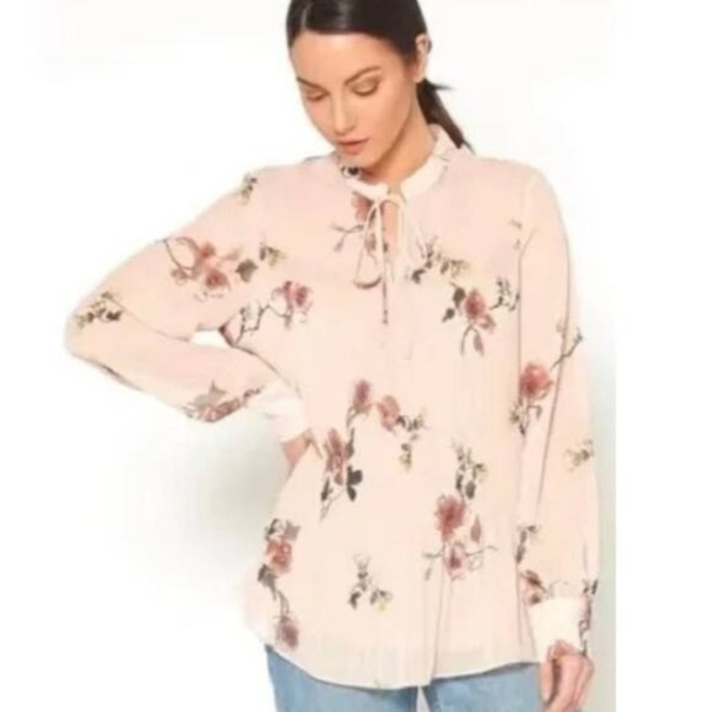 Pleione Women Blush Pink Floral Pleated Tie Neck Long Sleeve Blouse Small Rose